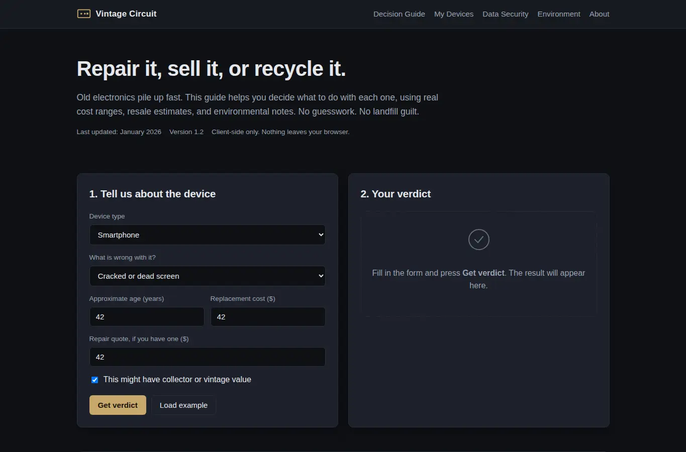Screenshot of Vintage Electronics Repair or Recycle interface showing the project page in use
